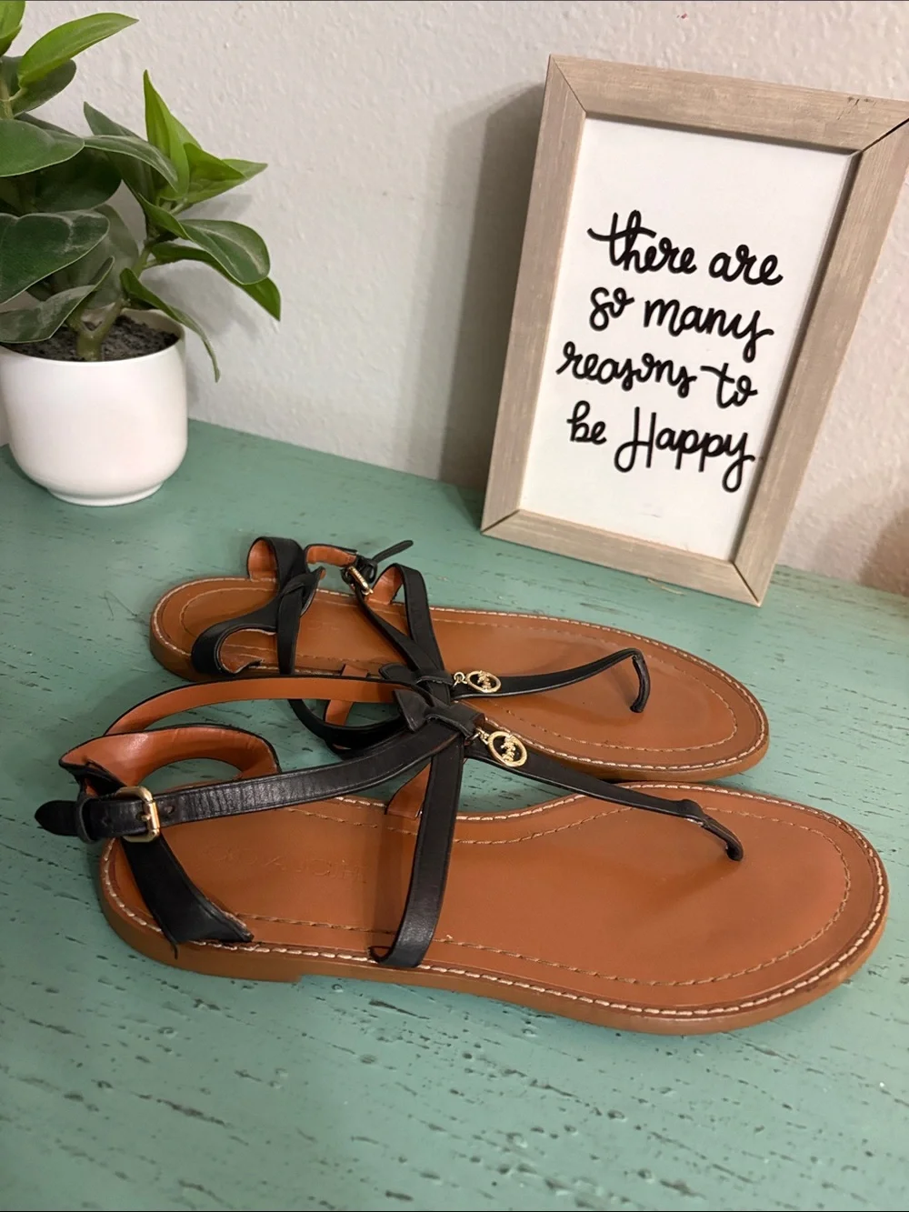 Coach Black Leather T-Strap Sandals with Gold Logo Charm